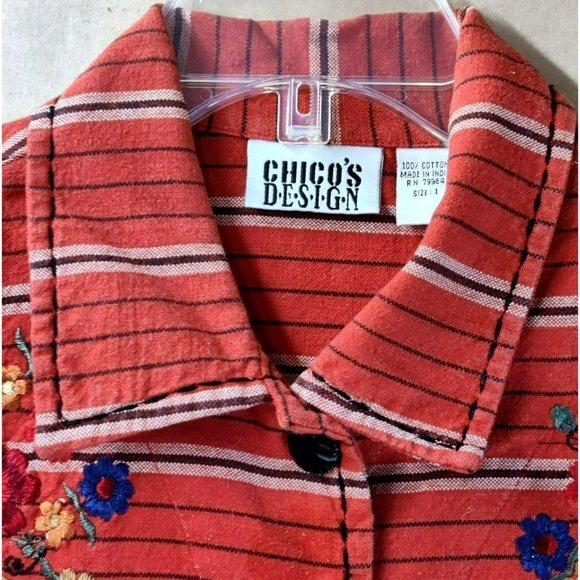 Chico's Design Size 1 Fits Women's M/L Cotton Striped Floral Embroidery Jacket - Picture 6 of 16